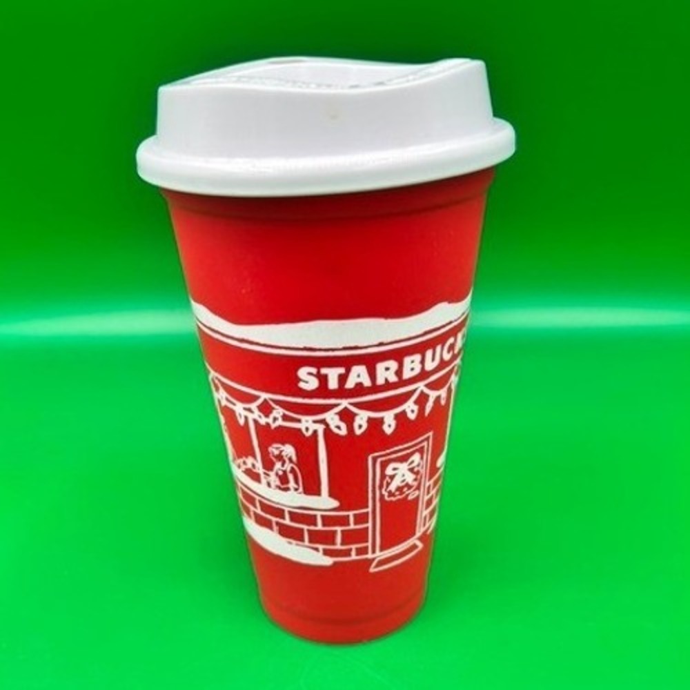 Starbucks Reusable Coffee Cup 16oz Red Holiday Cafe Scene Recycled Plastic